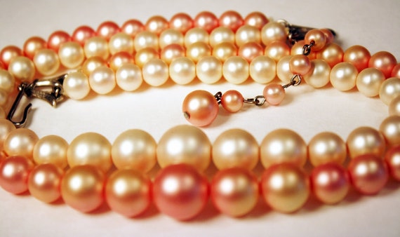 Pink Pearl Necklace, Double Strand, Graduated, Fa… - image 1