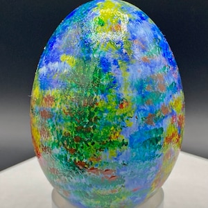 Vintage Painted Duck Egg, 2 1/2&quot; by 1 1/2&quot;, Hand Painted, Impressionist Design, Easter Egg, 1980s, Duck Egg, Blue, Green, Red, Yellow, White