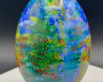 Vintage Painted Duck Egg, 2 1/2" by 1 1/2", Hand Painted, Impressionist Design, Easter Egg, 1980s, Duck Egg, Blue, Green, Red, Yellow, White