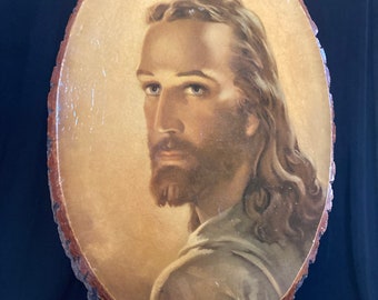 Head of Christ, Rustic Art Plaque, Live Pine Oval, Raw Wood, 14 3/4", 1950s, G.S.H., Seymour, IN, Jesus, Christian, Worship, Easter, Prayer