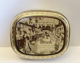 Vintage Harrods Bonbon Tin, Espresso, Capuccino Flavors, Gold, White, Knightsbridge, London, UK, 1909 Store Interior, 5" by 4 1/4" by 1 1/4"