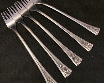 Vintage Cocktail Forks, Set of Five, Seafood Forks, Northland Stainless, Made in Korea, Rose, 6 Inches, Mid Century, Appetizers, Crudité