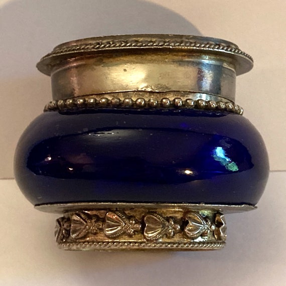 Vintage Ring Box With Lid, Blue Glass, Blue Ename… - image 1