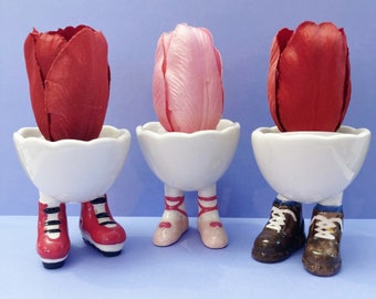 Set of 3 Vintage Egg Cups, Pink Ballet Shoes,Red High Tops,Brown Brogues Blue Socks,Breakfast, Easter, Porcelain, Japan, 1980s, Shot Glasses