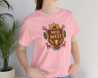 Midwest crest emblem Tee | regional badge, deer, wheat, sun