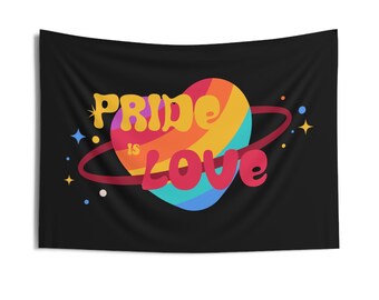 Pride Is Love heart planet Indoor Wall Tapestry | Rainbow retro typography