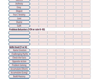 May include: A printable diary card for emotion regulation, featuring a grid layout with sections for tracking emotions, problem behaviors, and skills used. The card includes prompts for daily entries and is designed for mental health support.