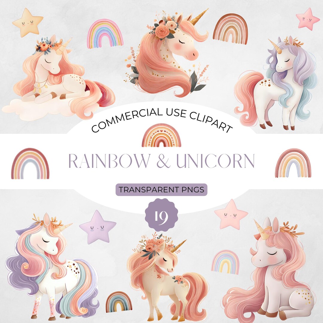 Unicorn Clipart Commercial Use–watercolor Rainbow Unicorns Png,cute ...