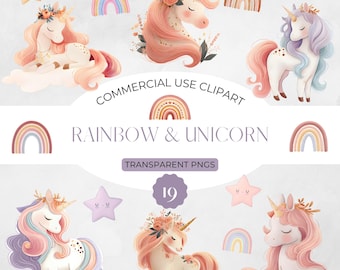 Unicorn Clipart Commercial Use–Watercolor Rainbow Unicorns PNG,Cute Baby Unicorn Digital Download for Scrapbooking,Sublimation,Nursery Decor