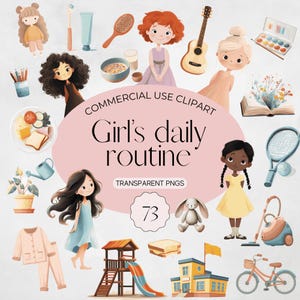 Puede incluir: Colección de ilustraciones en acuarela que representan la rutina diaria de una niña. Incluye imágenes de un cepillo de dientes, una guitarra, una raqueta de tenis, una escuela y una bicicleta. El texto dice "Girl's daily routine" y "Transparent PNGs".