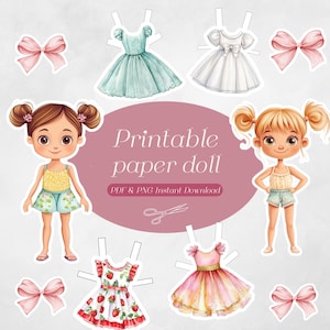 Two paper dolls with five outfits each, including white dresses ready to color.