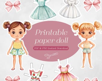 Whimsical Paper Doll Art Set for Creative Kids - Printable Craft Activity and Dresses Clipart