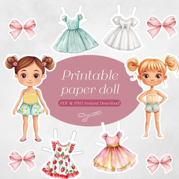 Whimsical Paper Doll Art Set for Creative Kids - Printable Craft Activity and Dresses Clipart