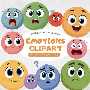 Puede incluir: Una colección de caras de dibujos animados estilo emoji en varios colores, cada una expresando una emoción diferente. La imagen incluye el texto "EMOTIONS CLIPART" y "19 TRANSPARENT PNGS". Las caras son redondas con ojos grandes y bocas expresivas.
