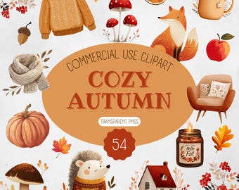 Imágenes prediseñadas acogedoras de otoño, gráficos de otoño en acuarela, ilustraciones de calabazas, pegatinas digitales, ambiente otoñal PNG