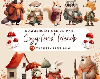 Woodland Autumn Clipart, Fall Forest Animals PNG, Cute Watercolor Graphics, Digital Download for Scrapbooking