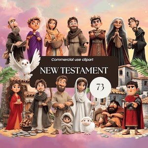 Puede incluir: Ilustración digital con personajes de dibujos animados del Nuevo Testamento. La imagen incluye varias figuras con vestimenta bíblica, una paloma y el texto "NEW TESTAMENT" con el número "73". El fondo es una representación estilizada de un paisaje de Oriente Medio.