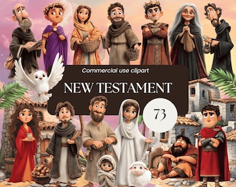 Op de afbeelding: Een digitale illustratie met cartoonfiguren uit het Nieuwe Testament. De afbeelding bevat verschillende figuren in bijbelse kleding, een duif en de tekst "NEW TESTAMENT" met het nummer "73". De achtergrond is een gestileerde weergave van een Midden-Oosters landschap.