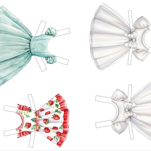 Printable paper dolls with mixable clothing, including white dresses for coloring and decorating.
