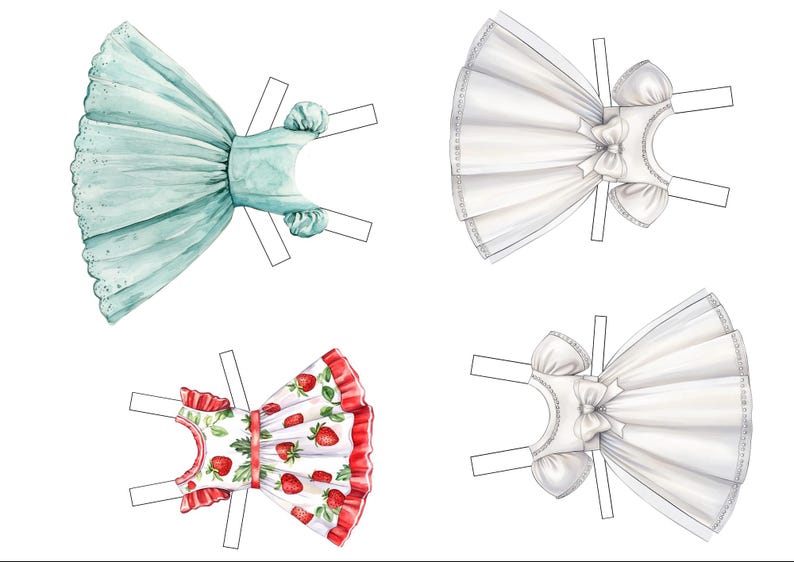 Printable paper dolls with mixable clothing, including white dresses for coloring and decorating.