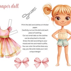 PDF and PNG files of paper dolls with  outfits, dresses can be personalized.