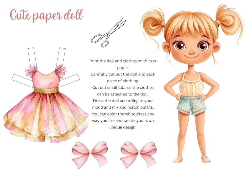 PDF and PNG files of paper dolls with  outfits, dresses can be personalized.