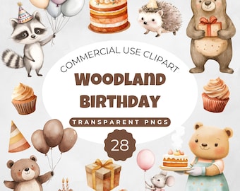 Clipart de cumpleaños de bosque, lindos animales del bosque PNG, descarga digital para decoración de fiesta de cumpleaños, uso comercial