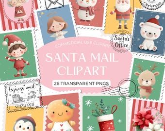 Santa Mail Clipart, Cute Christmas Stamps, Santa Letter Illustrations, Printable Digital Download for Crafts