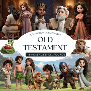 Könnte beinhalten: Eine Sammlung von Cartoon-Illustrationen mit Charakteren und Szenen aus dem Alten Testament. Das Bild zeigt Figuren wie Adam und Eva, Moses und andere biblische Figuren, zusammen mit dem Text "OLD TESTAMENT" und "COMMERCIAL USE CLIPART".