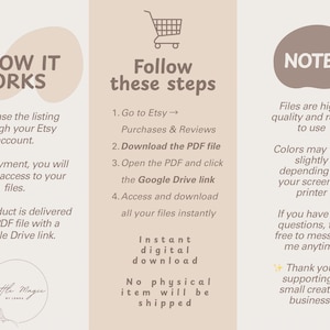 May include: A beige graphic with text detailing how to purchase and download digital files from Etsy. Instructions include going to Etsy, downloading a PDF, and accessing a Google Drive link. The image also notes that no physical item will be shipped.