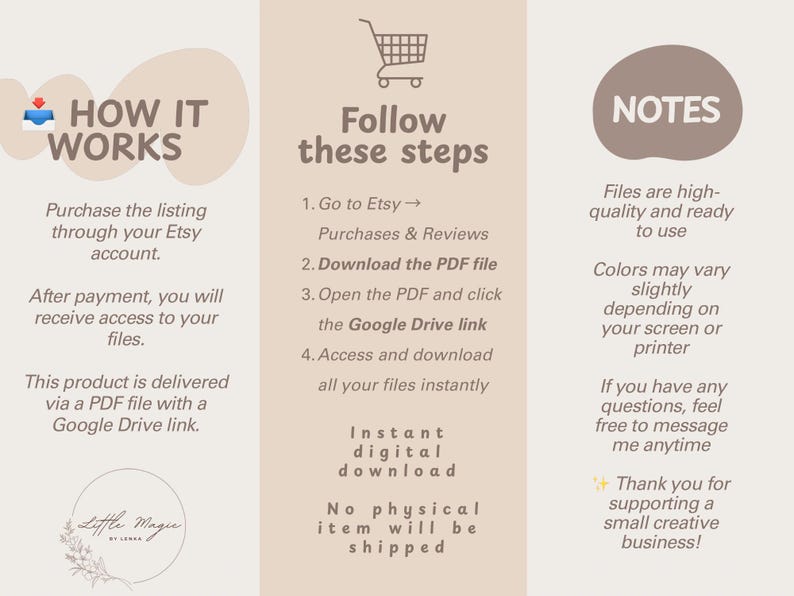 May include: A beige graphic with text detailing how to purchase and download digital files from Etsy. Instructions include going to Etsy, downloading a PDF, and accessing a Google Drive link. The image also notes that no physical item will be shipped.
