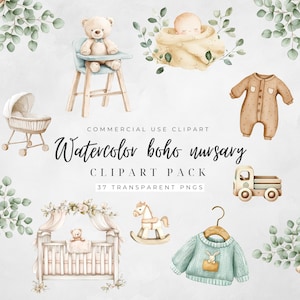Neutral Baby Shower Clip Art | Boho Watercolor Nursery Clipart Set, PNG Graphics for Baby Crib, Toys, Clothes | Commercial Use, Baby Room De