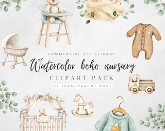 Boho Baby Shower Clipart, Watercolor Teddy Bear, Cute Nursery Decor, Gender Neutral, Digital Download, PNG