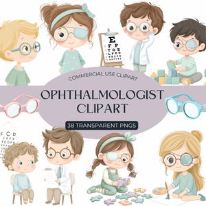 Kinderen oogarts clipart, oogarts clipart, visietest, ooglapje kinderen, kinderkliniek, medische clipart, oogonderzoek clipart, bril