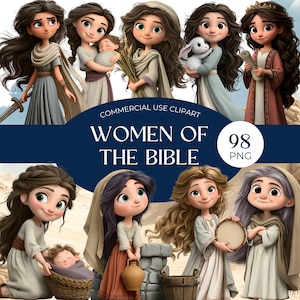 Puede incluir: Clipart digital con ilustraciones de mujeres de la Biblia. Las imágenes representan a varias mujeres con vestimenta tradicional, algunas sosteniendo objetos como una espada, un bebé, trigo y un cordero. Se muestra el texto "WOMEN OF THE BIBLE".