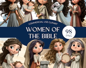 Könnte beinhalten: Digitales Clipart mit Illustrationen von Frauen aus der Bibel. Die Bilder zeigen verschiedene Frauen in traditioneller Kleidung, einige halten Gegenstände wie ein Schwert, ein Baby, Weizen und ein Lamm. Der Text "WOMEN OF THE BIBLE" wird angezeigt.