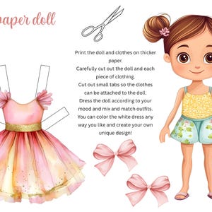 Digital cut-out paper dolls with colorful clothes and customizable white dresses.