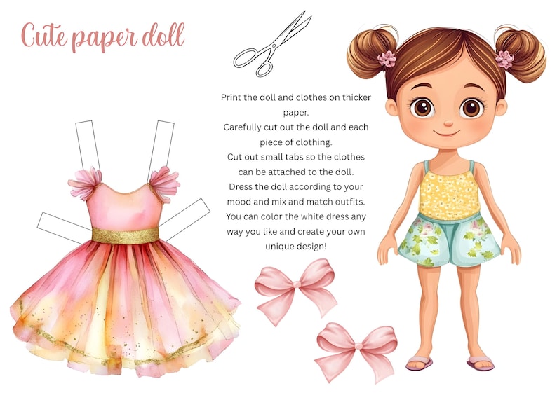 Digital cut-out paper dolls with colorful clothes and customizable white dresses.