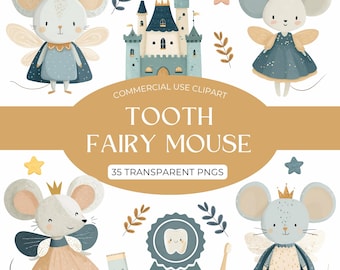 Tooth Fairy Mouse Clipart Set – Cute Tooth Fairy Mouse, Tooth & Magic Wand, Fairy Castle, Kids Nursery PNG Illustration,Pastel Baby Graphics