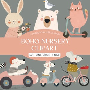 Conjunto de imágenes prediseñadas de estilo bohemio y caprichoso para habitaciones de bebés, gráficos de animales imprimibles y elementos artísticos de la naturaleza.