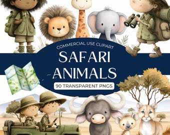 Safari Animals Clipart Set – Watercolor Jungle Animals PNG, Cute Baby Safari Illustrations, Nursery Wall Art, Digital Download