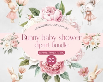 Bunny Baby Shower Clipart Bundle: Pink Watercolor Flowers (Digital Download