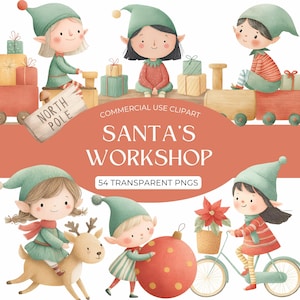 Pode incluir: Ilustração em aquarela da Oficina do Papai Noel com elfos, presentes e uma rena. A imagem inclui o texto "SANTA'S WORKSHOP" e "54 TRANSPARENT PNGS". Os elfos usam chapéus e roupas verdes, com tema natalino.
