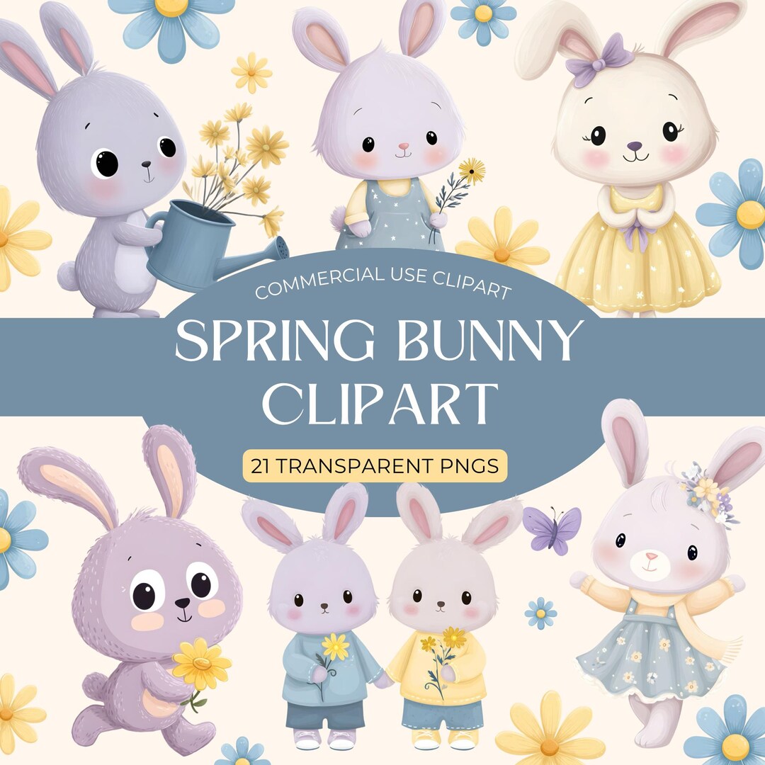 Cute Spring Bunny Clipart PNG, Pastel Easter Rabbits With Flowers ...