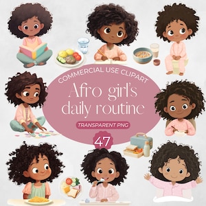 Immagini clipart di routine per bambini afroamericani, cura di sé per bambini, grafica per la routine quotidiana, download digitale per insegnanti