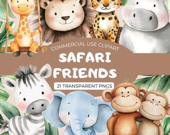 Watercolor Safari Clipart, Cute Jungle Animals PNG, Watercolor Baby Shower Decor, Digital Download for Nursery Art