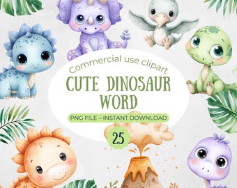 Clipart di dinosauro, simpatico dinosauro ad acquerello in formato PNG, download digitale per lavoretti per bambini, decorazioni per la cameretta, arte di dinosauri per bambini