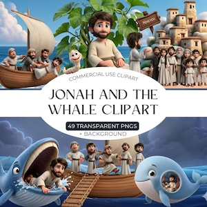 May include: Digital clipart set featuring illustrations of the biblical story of Jonah and the whale. The image includes a boat, a whale, and characters. Text on the image reads "Jonah and the Whale Clipart" and "49 Transparent PNGs + Background".