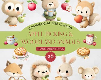 Op de afbeelding: Waterverf clipart met bosdieren zoals een uil, beer, eekhoorn, vos, egel, konijn en muis. Elk dier houdt appels of taart vast. De afbeelding bevat tekst die luidt: "Commercial Use Clipart, Apple Picking & Woodland Animals, Transparent PNGs."