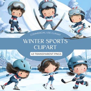 May include: Digital clipart set featuring cartoon children engaged in winter sports. The image includes children skiing, snowboarding, and ice skating, all wearing helmets and winter sports attire. Text on the image reads "Winter Sports Clipart" and "43 Transparent PNGs."